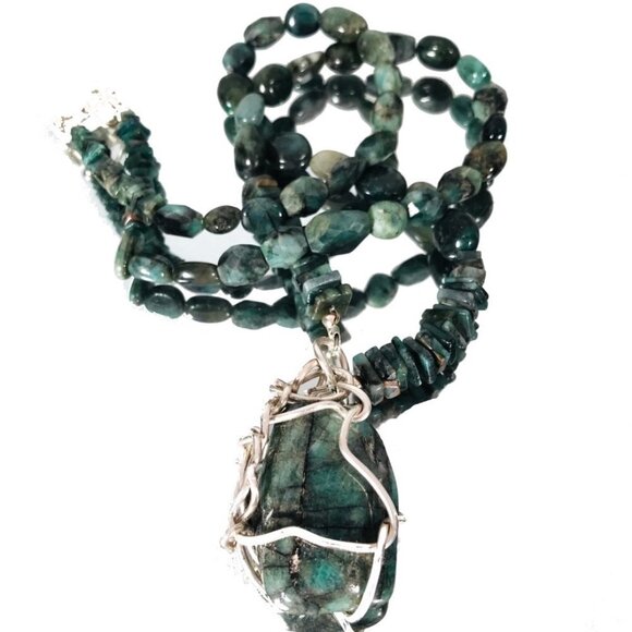 Genuine Emerald Gemstone Sterling Silver Necklace Pendant Wire Wrapped Natural - Picture 6 of 11